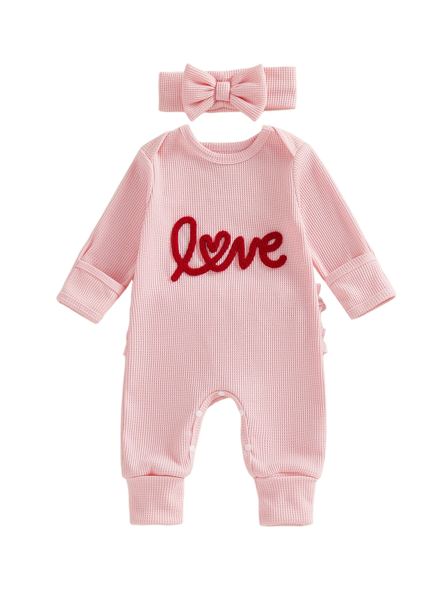 Spring Valentine's Day Infant Baby Girls Bodysuit Waffled Letter Embroidery Long Sleeve Jumpsuit Bow Headband Clothes