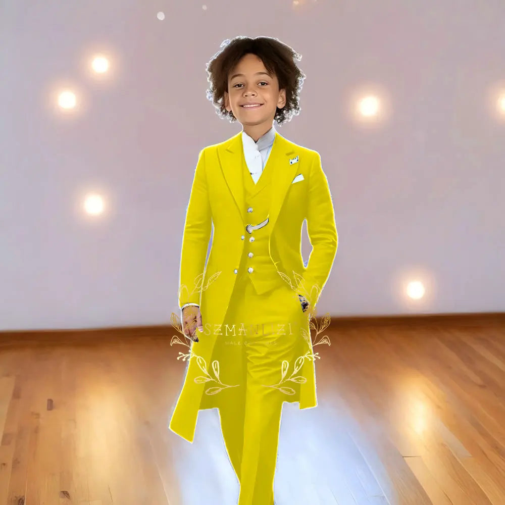 Children Formal Tuxedos Boys Suit Light Grey Long Jacket Vest Pants Sets for Piano Performance Birthday Party Costume Tailored