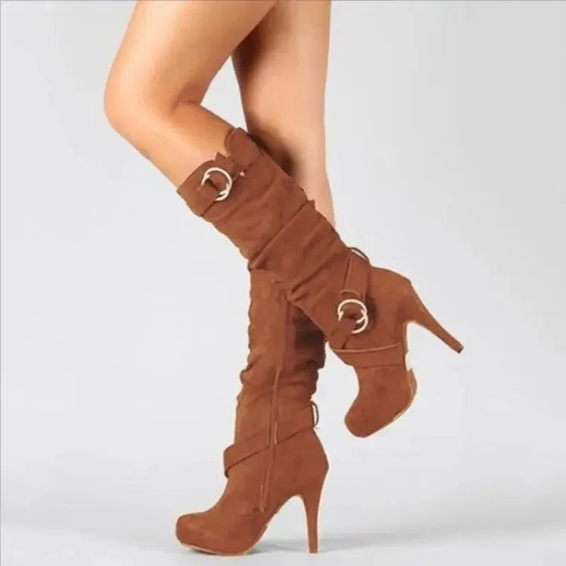 2025 New Sexy Knee High Women Boots Thin High Heel Round Toe Platform Fashion Ladies Pu Leather Boots Size 34-43 Lady Shoes