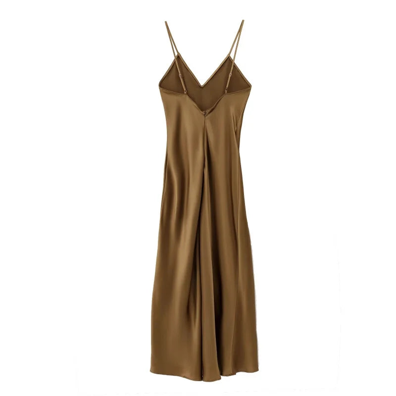 2025 New Elegant women's fashion silk satin texture MIDI dress sexy backless party slip dress