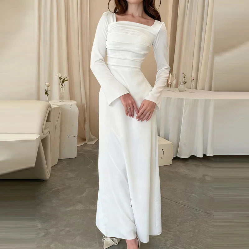 White Slim High Waist Banquet Dress Temperament Women Long Sleeve Party Maxi Dresses Fashion Square Collar Pleated Evening Dress