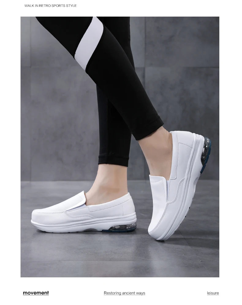 Professional White Leather Hospital Work Shoes Four Seasons Comfortable Breathable Nurse Shoes Women's Thick Base Single Shoes