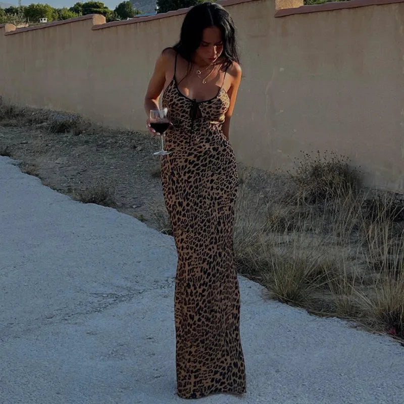 Summer Sexy Leopard Print Backless Prom Long Dress Fashion Elegant Women Long Party Evening Dress U-neck Lace-up Clothing