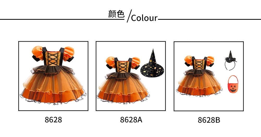 Girls Halloween Witch Costume Puff Sleeve Orange Black Layer Tulle Tutu Dress Kids Pumpkin Cosplay Outfit With Witch Headband Pu