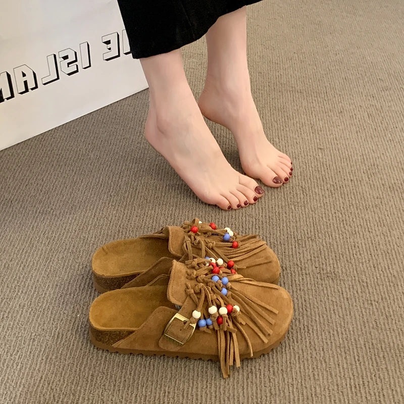 2025 Women Mules Shoes Flats Suede Women's Sandals Fringes Summer Fashion Slippers Walking Dress Cozy