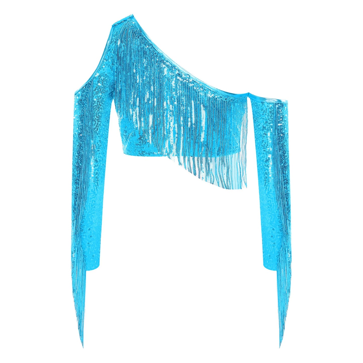 Children's One Shoulder Tassels Tops Streetwear Kids Girls Sequins Crop Top T-shirts Fashion Shiny Stage Performance Costume