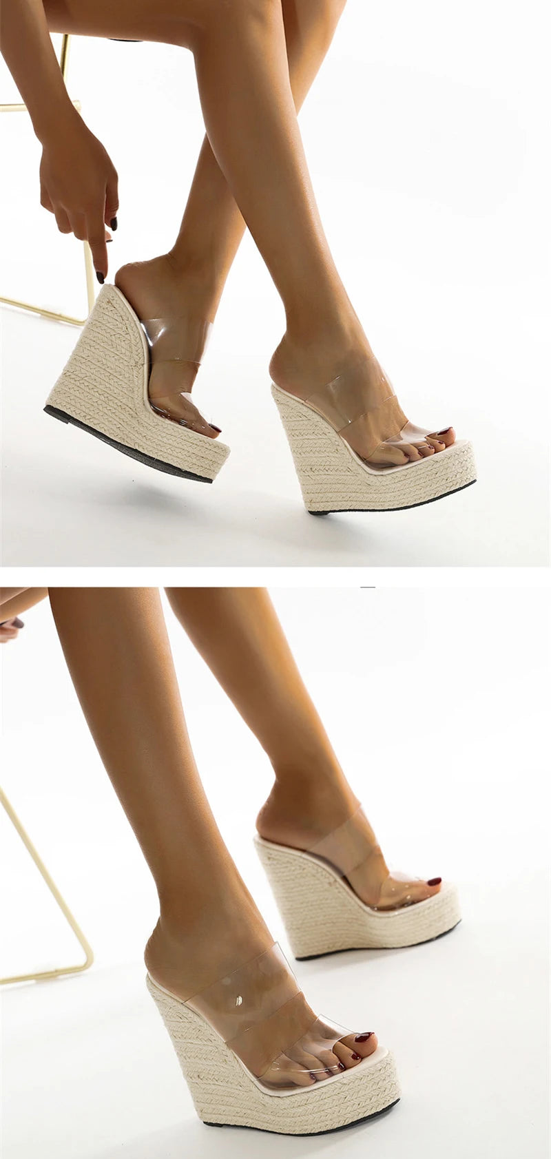 Summer PVC Transparent Peep Toe Cane Straw Weave Slippers Platform Wedges Sandals Women Fashion High Heels Female Shoes