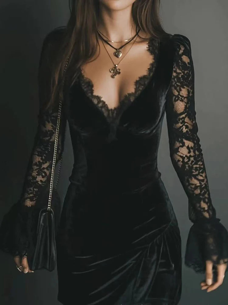 Women's Elegant V-neck Long Sleeve Mini Dress Fashion Hight Waist Slim Short Dresses Sexy Lace Splicing Solid Color Party Dress