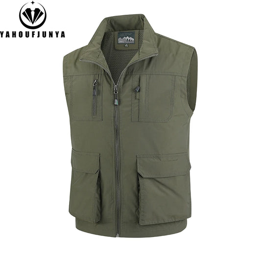 2026 Summer Men Sleeveless Cargo Leisure Work Lapel Vest Men Outdoor Solid Color Fishing Camping Thin Pocket Vest Male Waistcoat
