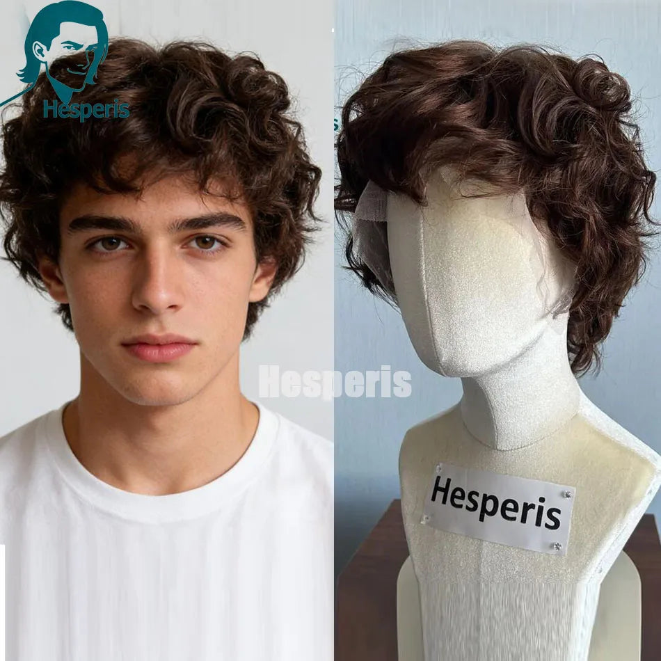 Hesperis Brown Short Curly Human Hair Wig Pre-Style Cut Lace Front with Bangs Men's Fashion Daily Lace Frontal Wigs For Male