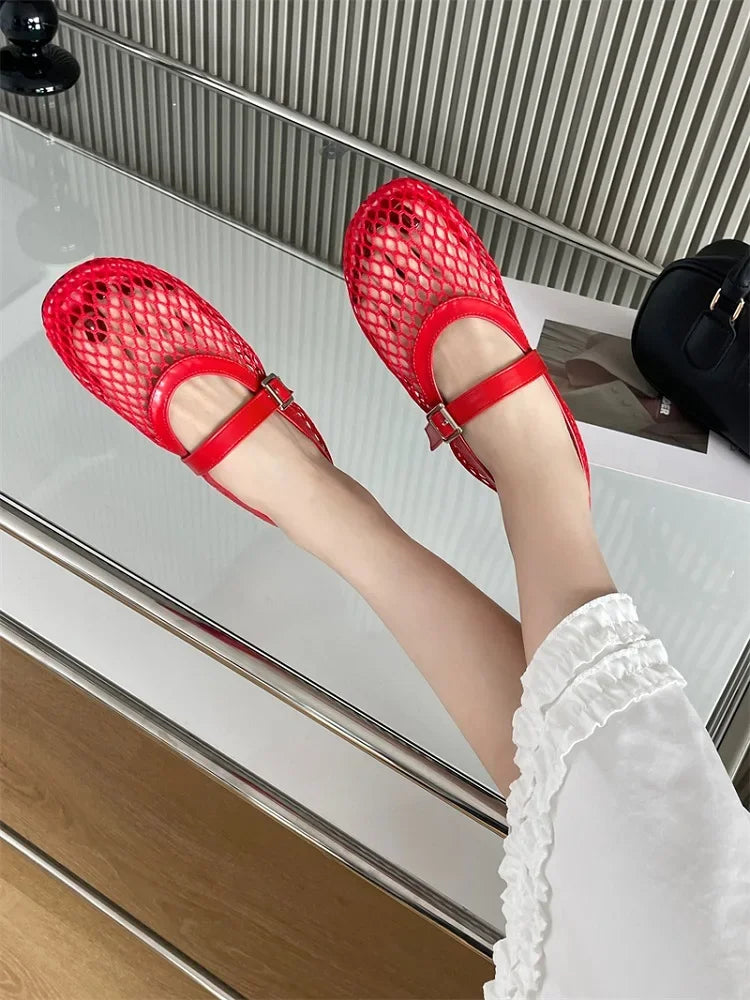Aneikeh BIG Size 35-43 Jelly Color Fishing Ballet Dance Women's Mesh Buckle Flat Hollow Out Retro Mary Jane Shoes