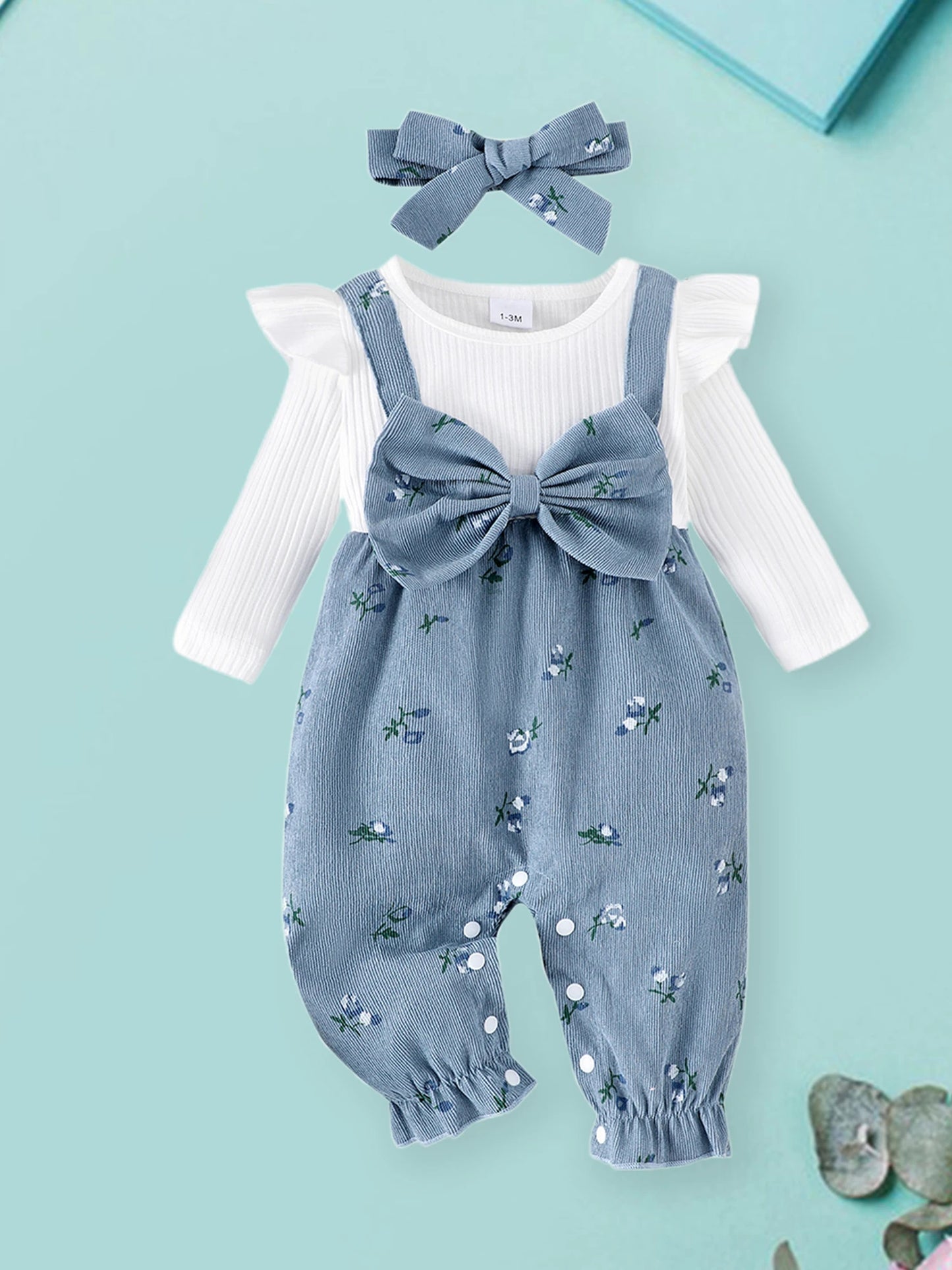 Sweety Baby Girls Long Sleeve Romper Floral Print Fake Two Pieces Patchwork Bow Jumpsuits Headband Set