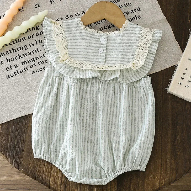 2025 New Summer Toddler Baby Girls Jumpsuit Short Sleeved Cotton Stripe Newborn Baby Girls Romper 0-24M Baby Girls Clothing