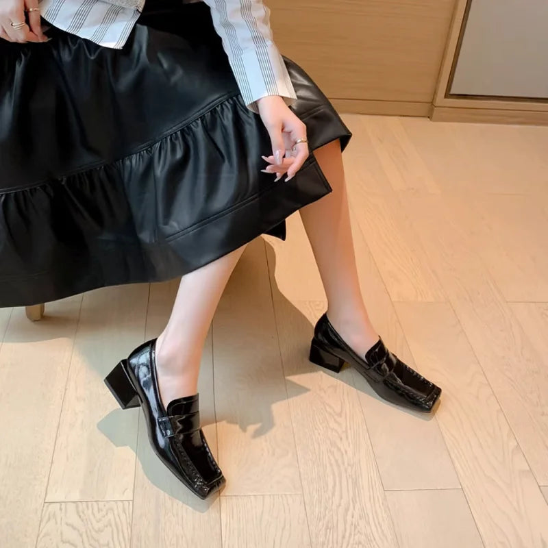 Womens Red Shoes Spring Autumn Basic Pumps Block Heel Dress Loafers French Slip On Square Toe Cow Leather Dress Footwear Size 43