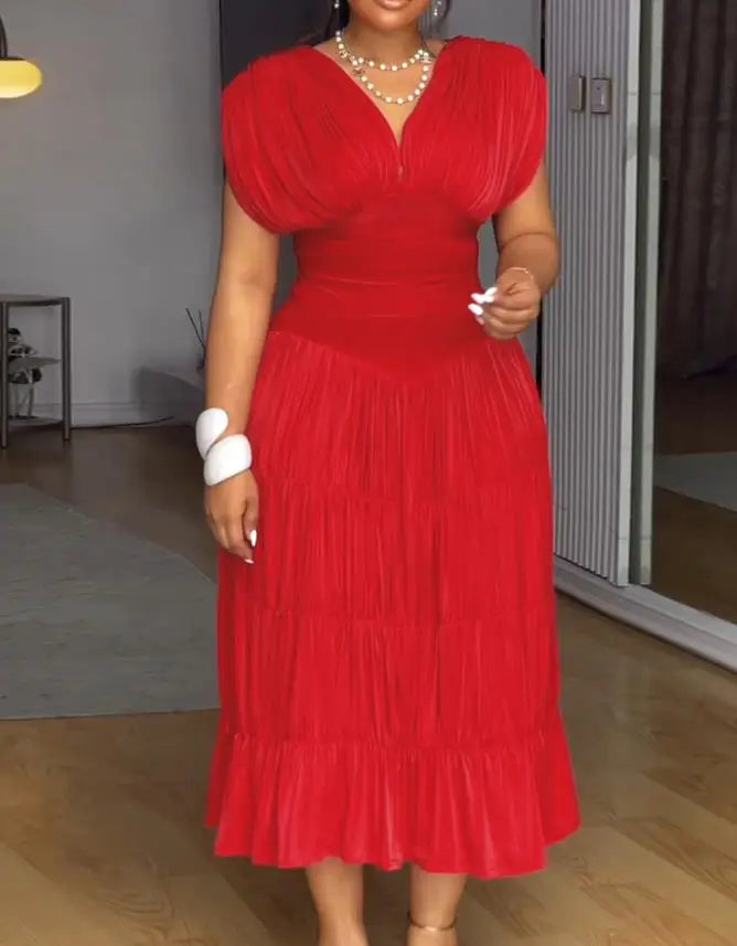 Womens Dresses 2025 Spring New Textured V Neck Sleeveless Ruched Ruffles Hem Dress Casual Waist A Line Party Midi Dress