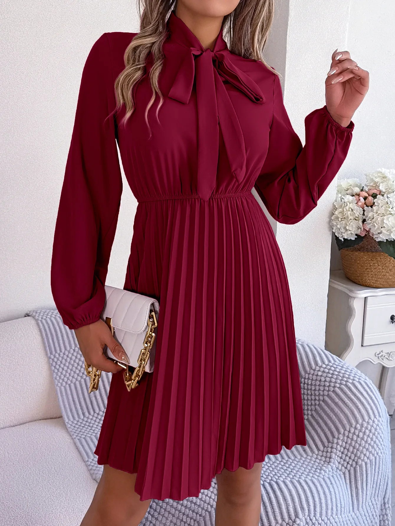 Women Fall Vacation Elegance V Neck Solid Tie Waist Ruffle Hem Pleated Midi Dress Long Sleeve Wedding Dress