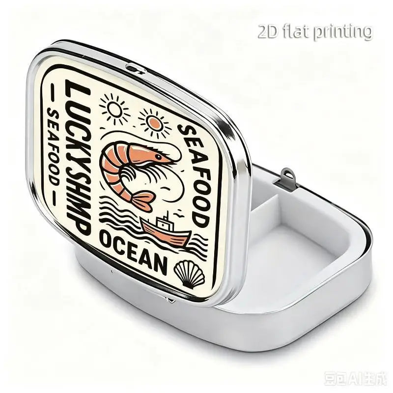 【WA】LUCKY TUNA Sardines Print Metal Pill Box, Portable 2-Compartment Travel Pill Organizer For Vitamins & Pills