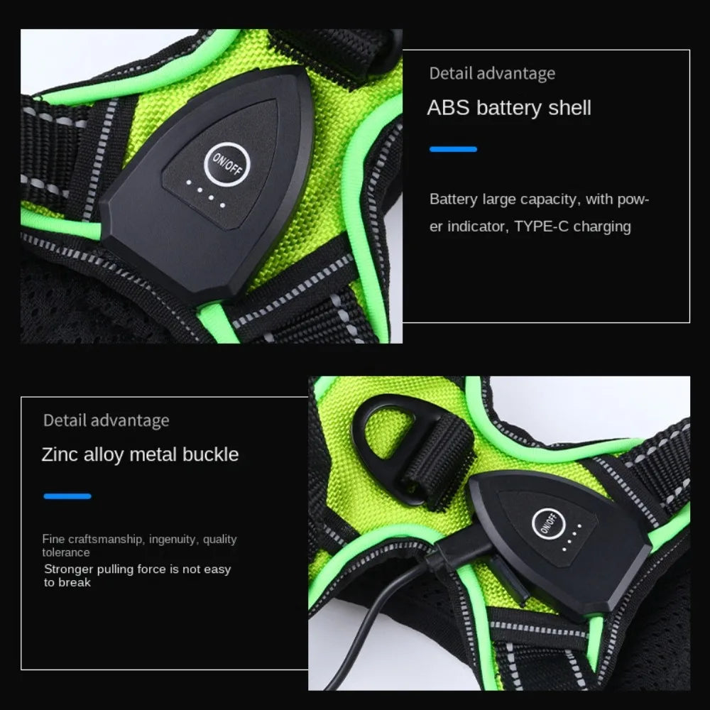 Light Up LED Dog Harness Rechargeable Adjustable Luminous Pet Chest Strap Padded Collar Soft Dog Glow Vest for Night Walking