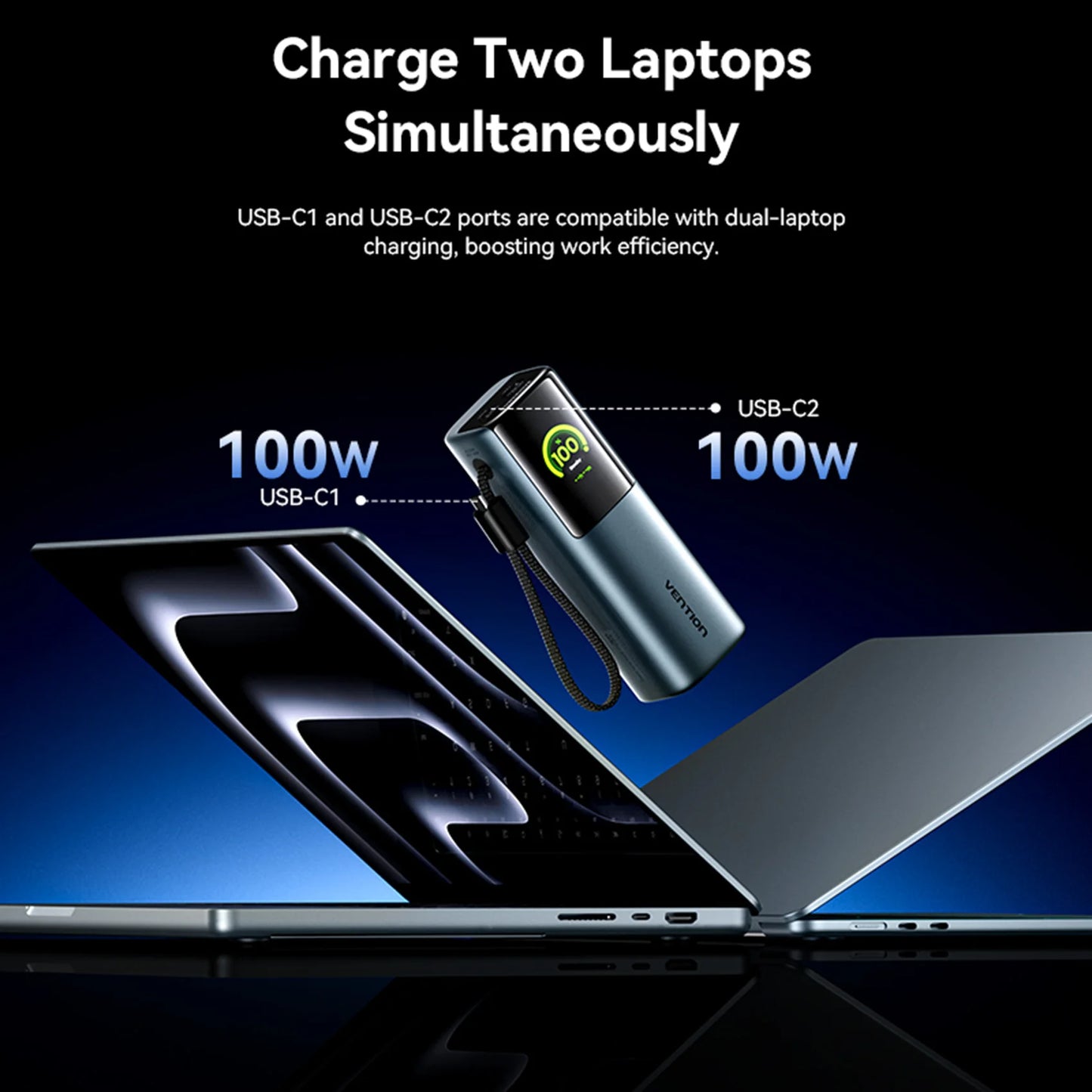 Vention 200W 27000mAh Power Bank Build-in Retractable USB-C Cable Portable External Battery Charger For Laptop Smart TFT Display