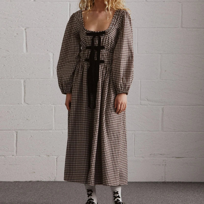 Women's 2024 Summer Boho Square Neck Front Bow Midi Dress Lady Vintage Puff Long Sleeve Plaid Ruffle Backless Maxi Dress