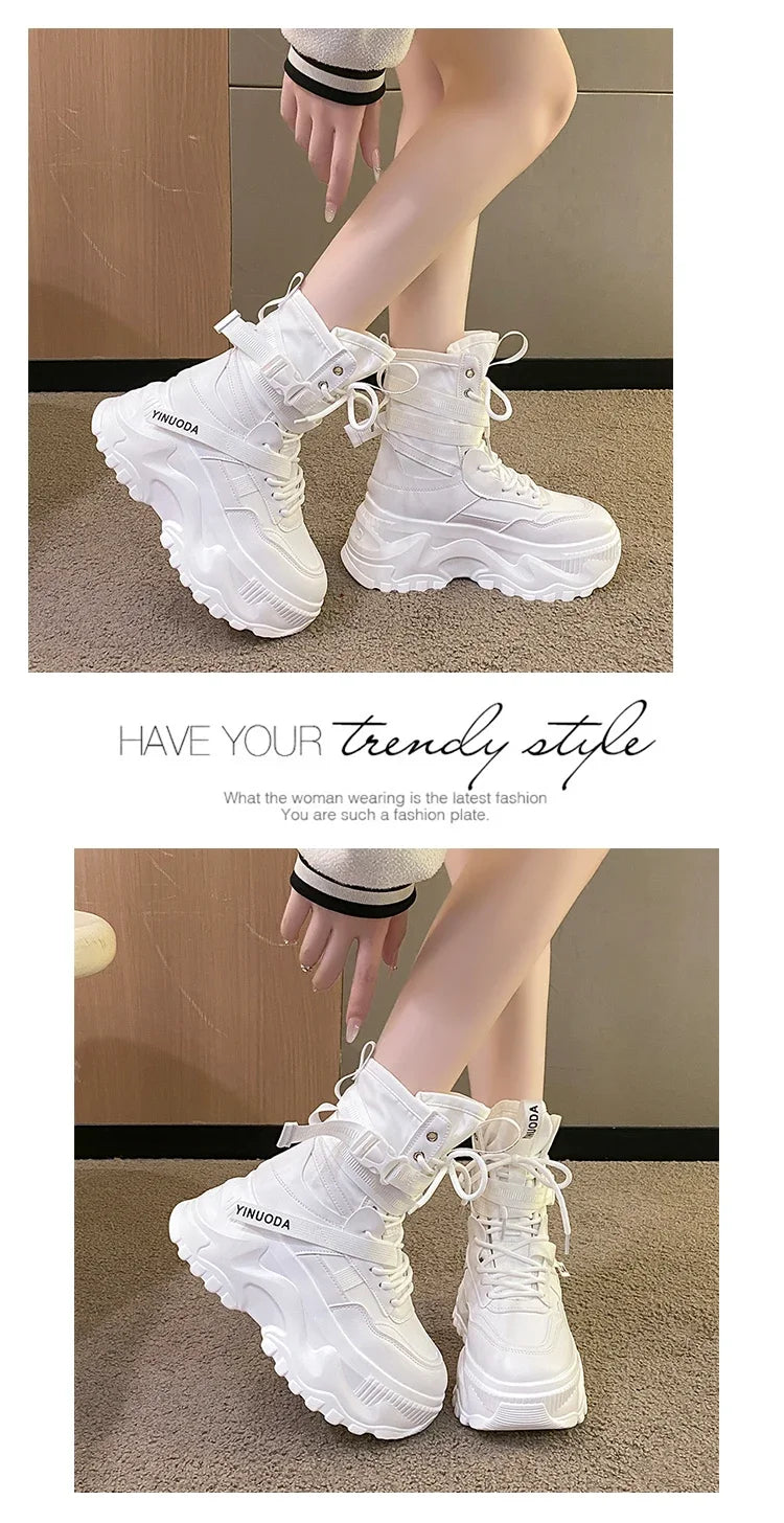 Hot Fashion Women Chunky Platform Motorcycle Boots White Lace Up Thick Bottom Shoes Woman Autumn Winter Ankle