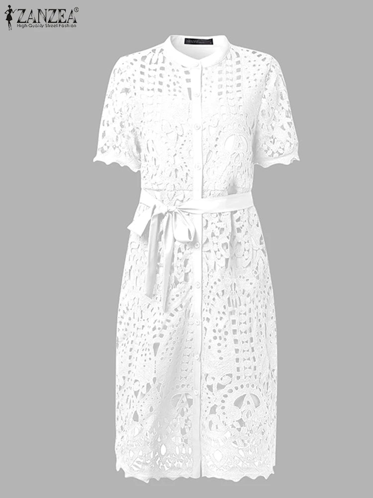 ZANZEA Elegant Lace Sundress Women Vintage Lace-Up Office Dress 2025 Summer Solid Hollow Out Vestidos A-Line CasualRobe Femme