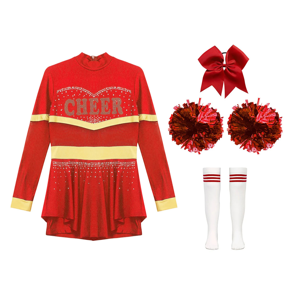 Girls Cheerleader Costume Long Sleeve Cheerleading Uniform Children Cheer Dance Dress Hand Flower Socks Stage Dancewear Sets