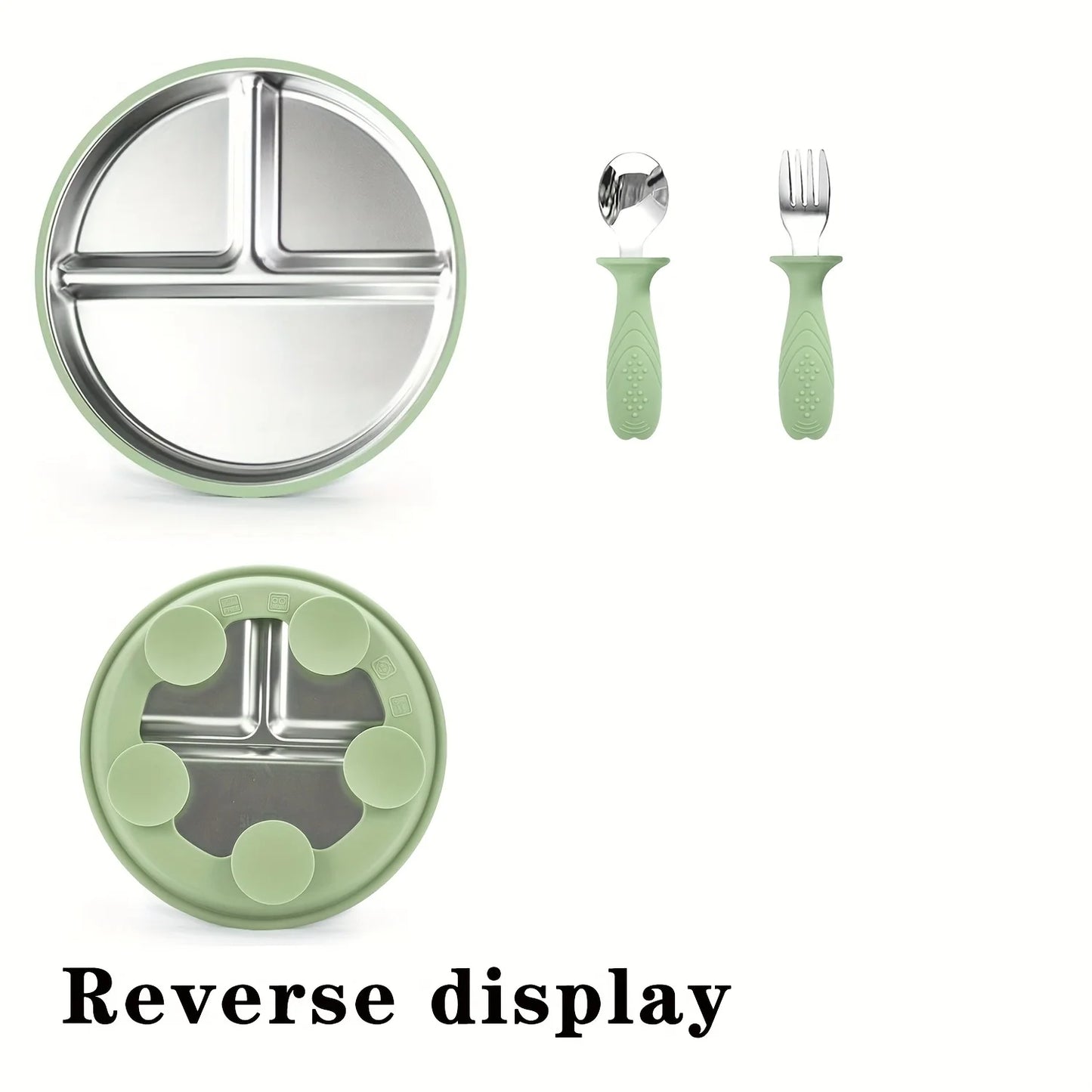 3-pack stainless steel cutlery tray, baby feeding tray, removable suction cup, BPA-free silicone baby training spoon