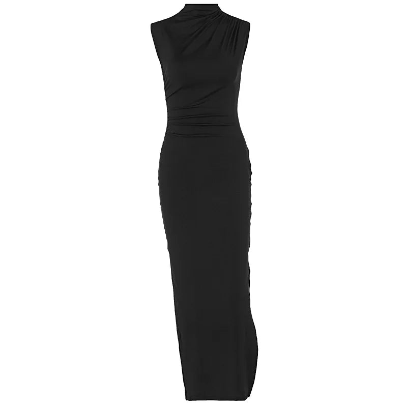 YUZHEXI elegant sleeveless ruched midi dress women commuter bodycon solid color robe black red pink split clothes summer