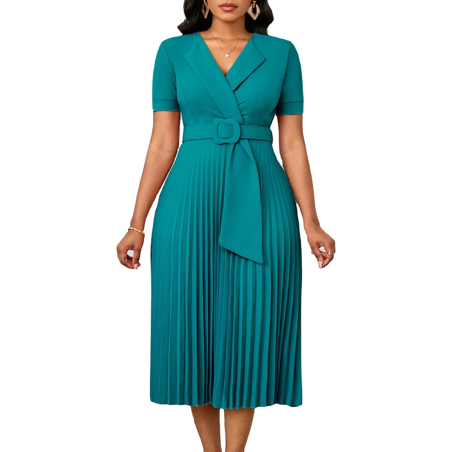 Sexy Short Sleeve V-Neck Elegant African Pleated Dress High Waist Midi Dress Fashionable Atmosphere Casual Elegant Style