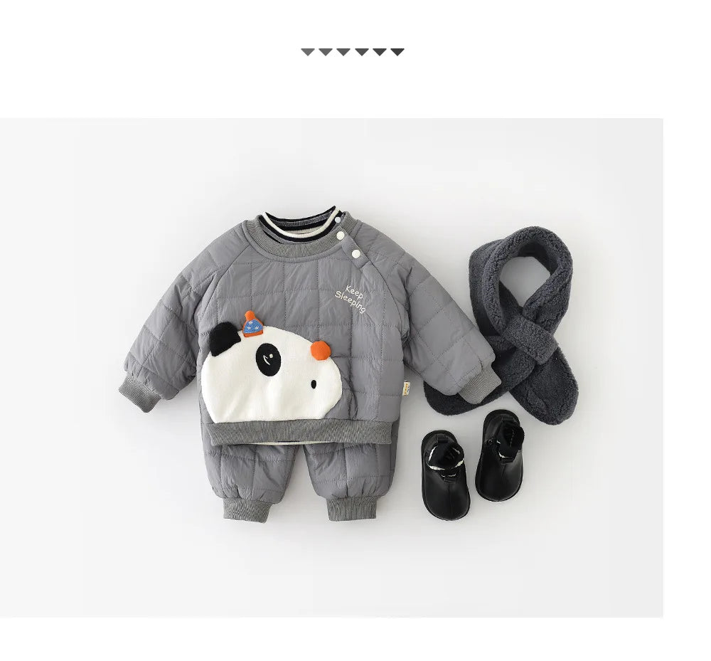 LILIGIRL Winter Baby Clothes Set 6M-3T Thicken Toddler Boys Cartoon Panda Suit Simple Loose Infant Fleece Padded Outfit 2PCS
