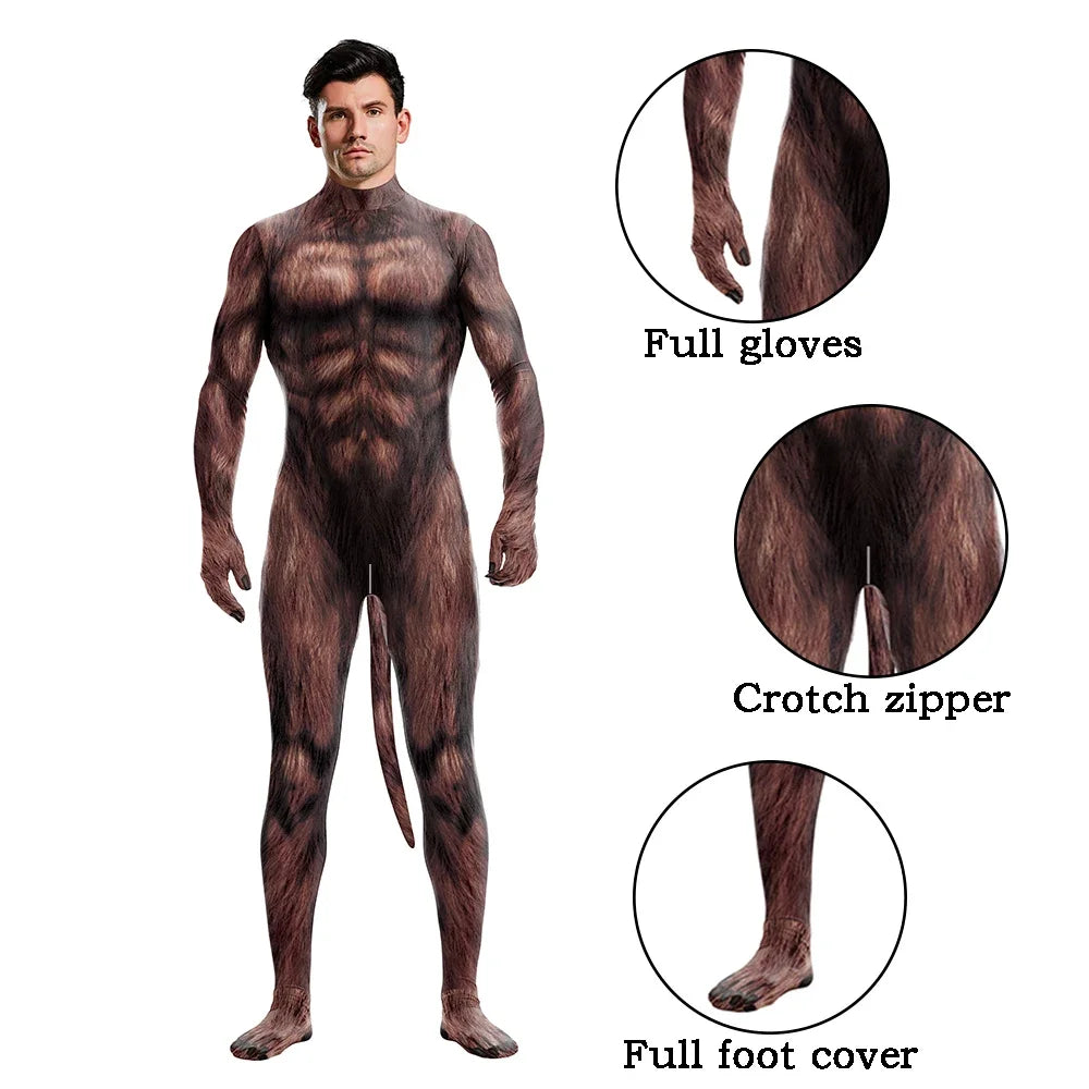 Halloween Cosplay Costume Male Adult Full Cover Elastic Zentai Pet Suit Jumpsuit Print Catsuit Bodysuits with Tail Purim Clothes