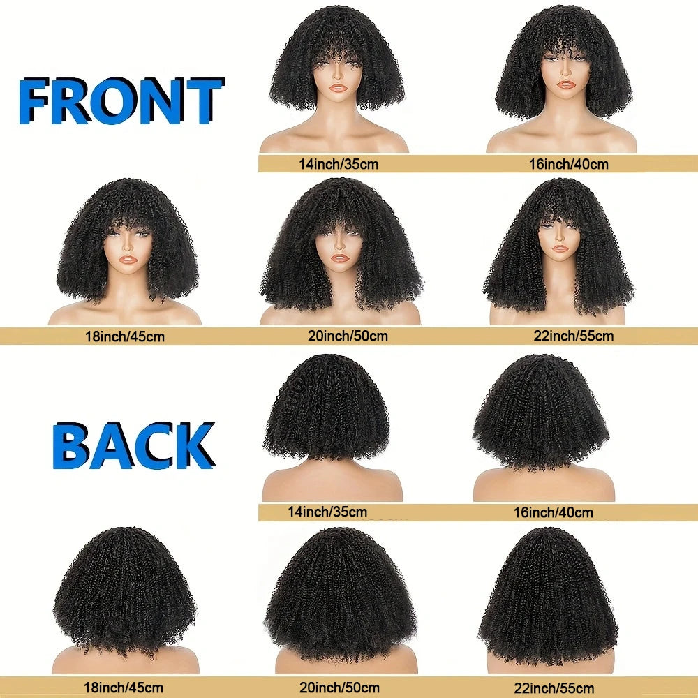 Mongolian Afro Kinky Curly Human Hair Wigs with Bangs Wear To Go Glueless Wig Remy Brazilian Short Curly Bangs Wig Human Hair