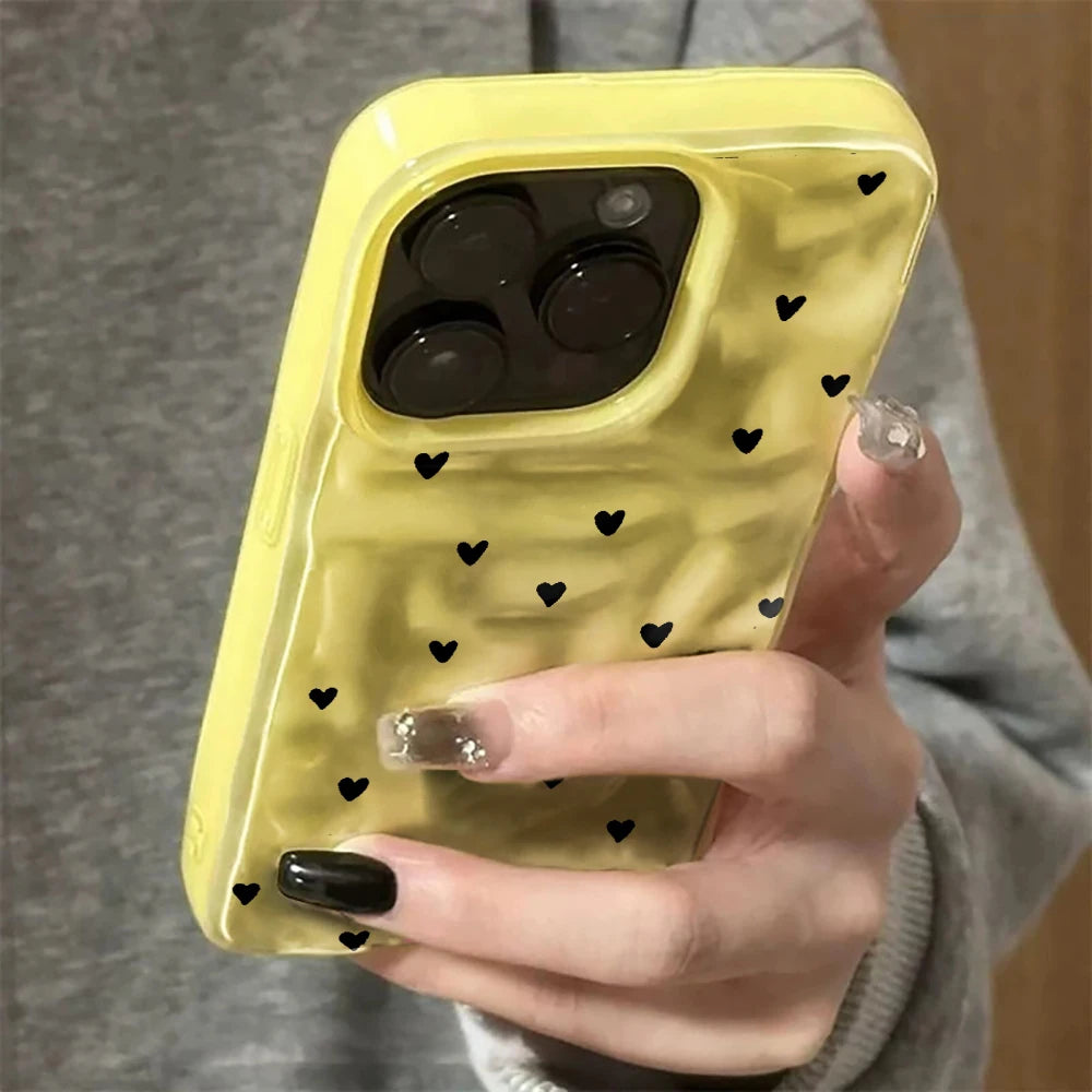 White Small Love Pattern Phone Case For iPhone 17 16 15 14 13 12 11 Pro Max 15 16 Plus Shockproof Soft Back Wave Texture Cover