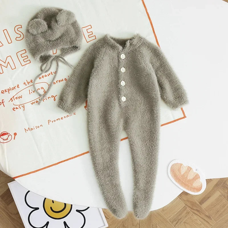 HoneyCherry Baby Solid Color Footies Cute Footed Hoodie Plush Pajamas Homewear Baby Clothes