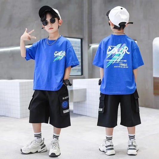 Summer 100% Cotton Boys Blue T-shirt Cool Graffiti Printed Girls Tees Short Sleeve Children Tops High Quality Kids Clothes 2024