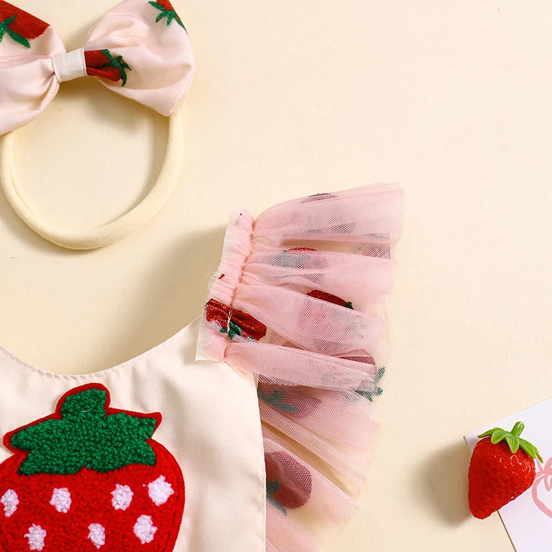Baby Girl Summer Outfit, Strawberry Embroidery Fly Sleeve Romper Dress Bow Headband Toddler 2 Piece Set