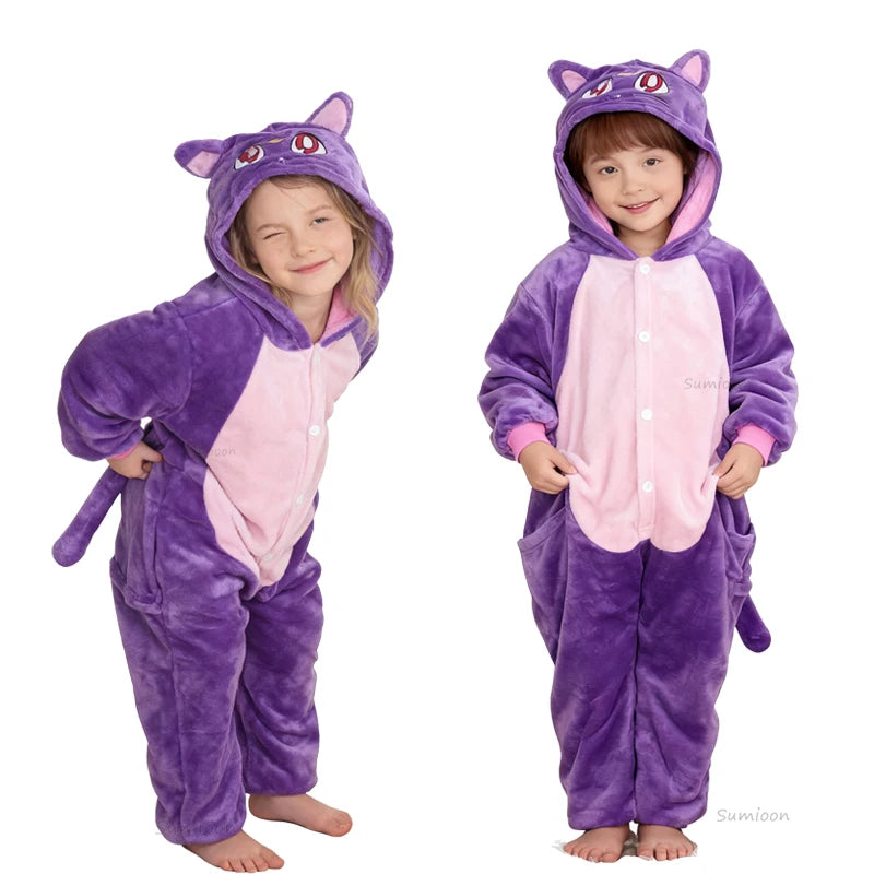 4 6 8 10 12 Years Girls Black Cat Jumpsuits Unicorn Pajamas Kigurumi Toddler Kids Hooded Flannel Home Wear Children Onesie