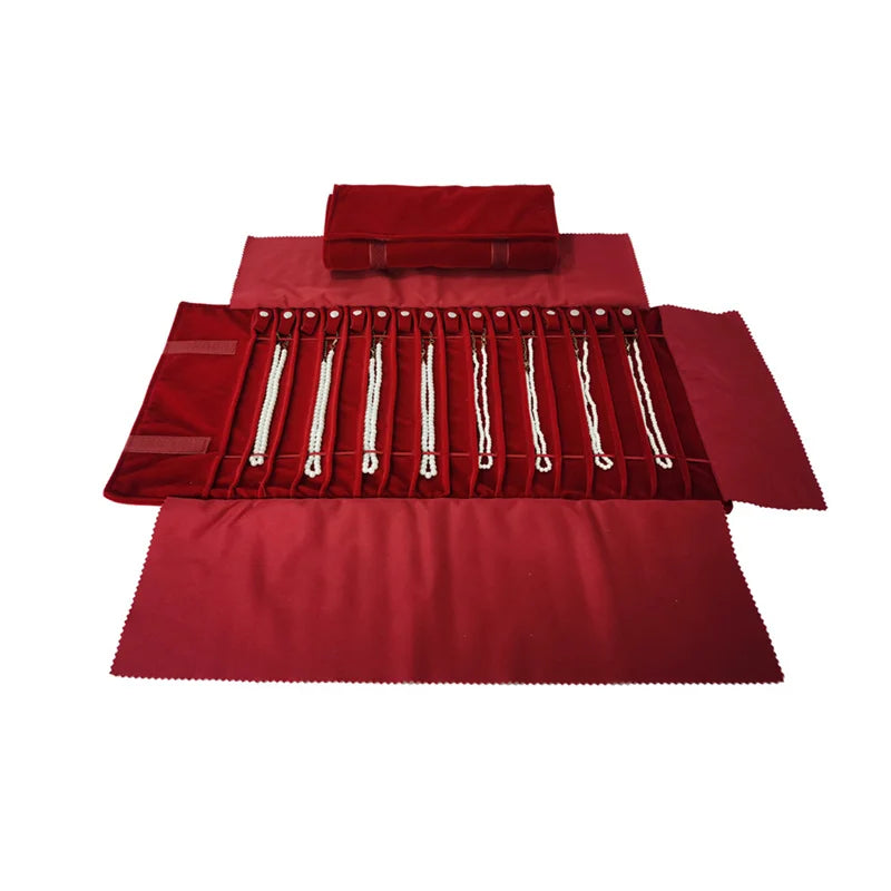 Burgundy Velvet Jewelry Roll Bag Portable Foldable for Necklace Earrings Ring Travel Exhibitions Organizer Storage Bag