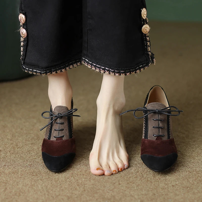 2025 New Spring Autumn Retro Mature Women Pumps Office Ladies High-heeled Lace-Up Genuine Leather Suede Shoes Woman High Quality