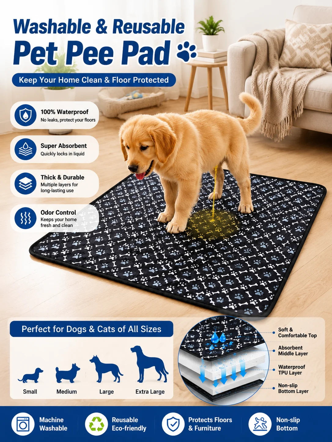 Dog Pee Pad Reusable Washable Waterproof Absorbent Urine Mat Covers Car Seat Floor Sofa Puppy Cat Training Diaper Pet Supplies