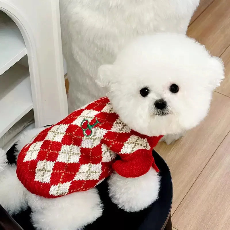 Winter Dog Knit Sweater Soft Dog Clothes Cute Plaid Puppy Sweater Cherry Print Cat Pullovers Pet Warm Turtleneck Poodle Apparel
