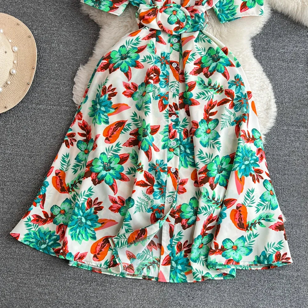 2024 New Summer Women Dress Fashion Print Floral A-line Shirt Dress with Belt Elegant Vintage Off Lady Dress Casual Vestidos
