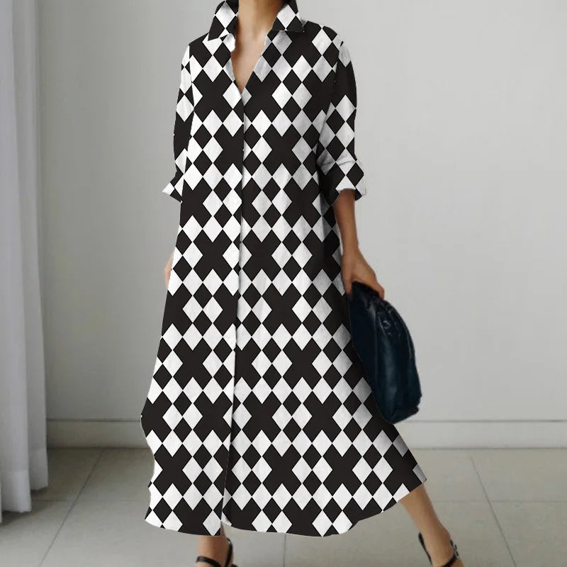Women's Shirt Dress 2023 Trendy Patchwork Vintage Spot Print Shirt Fall Out Office Dress Loose Casual Lapel Pocket S-5Xl