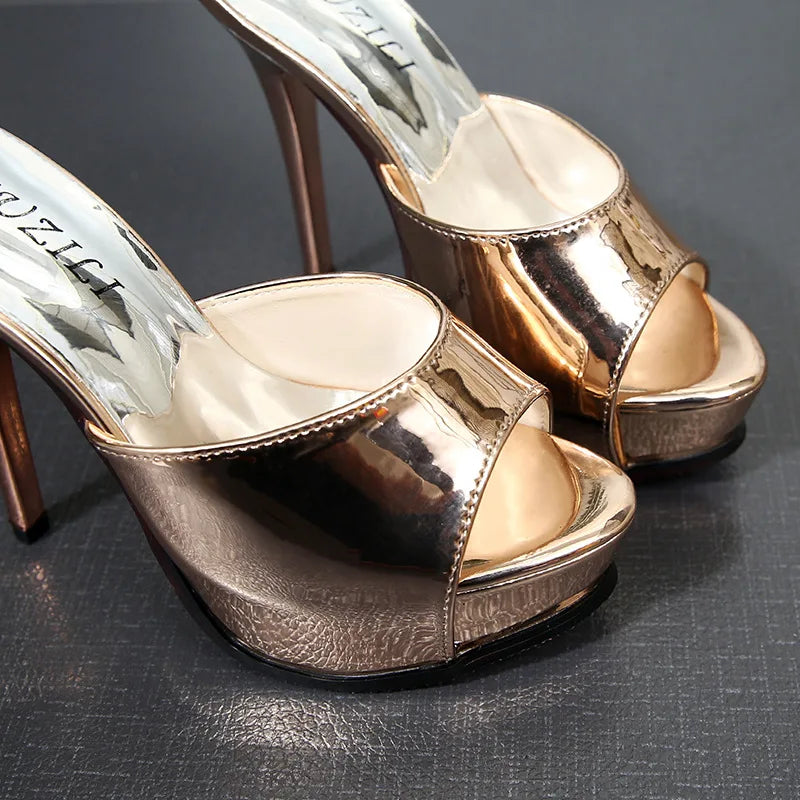 Summer Slippers Women Glossy Leather Gold Silvery High Heels 12CM Party Lady Shoes Mules Fashion Female Platform Slides Sandals