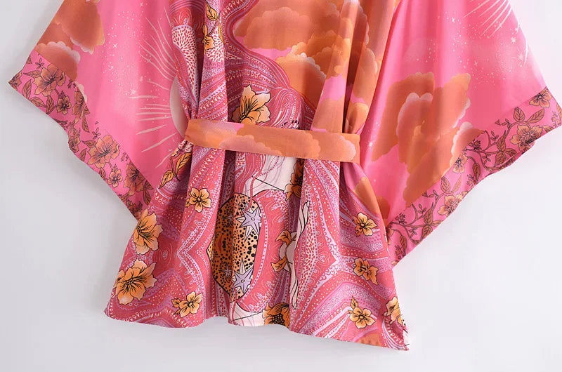Happie Queens Vintage Star and Moon Floral Print Sashes Women Bohemian V Neck Batwing Sleeves Happie Short Robe Kimono