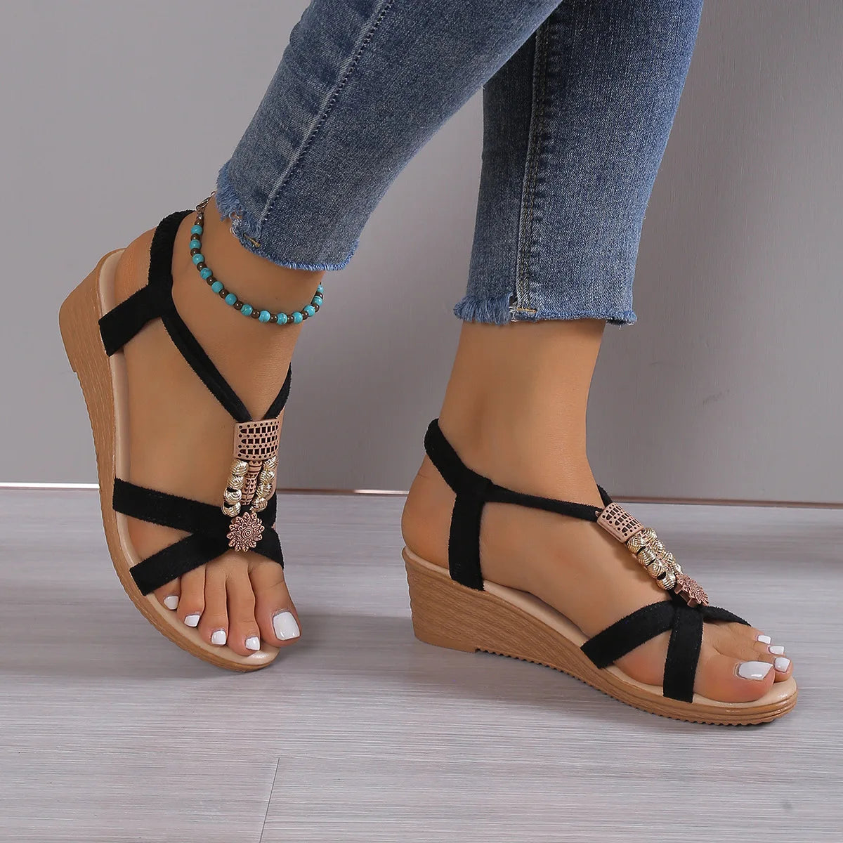 Women's Shoes Wedge Sandals Summer Fashion Round Toe Sandals Comfortable Non Slip Beach Shoes Slip on Open Toe Casual Sandals