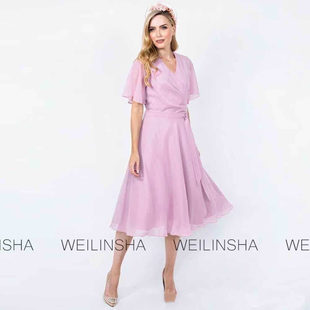 Chic Wedding Guest Woman Dresses Organza A-line Bridal Dress Pink V-neck Sashes Ruched Groom's Mother Dresses Midi 2025