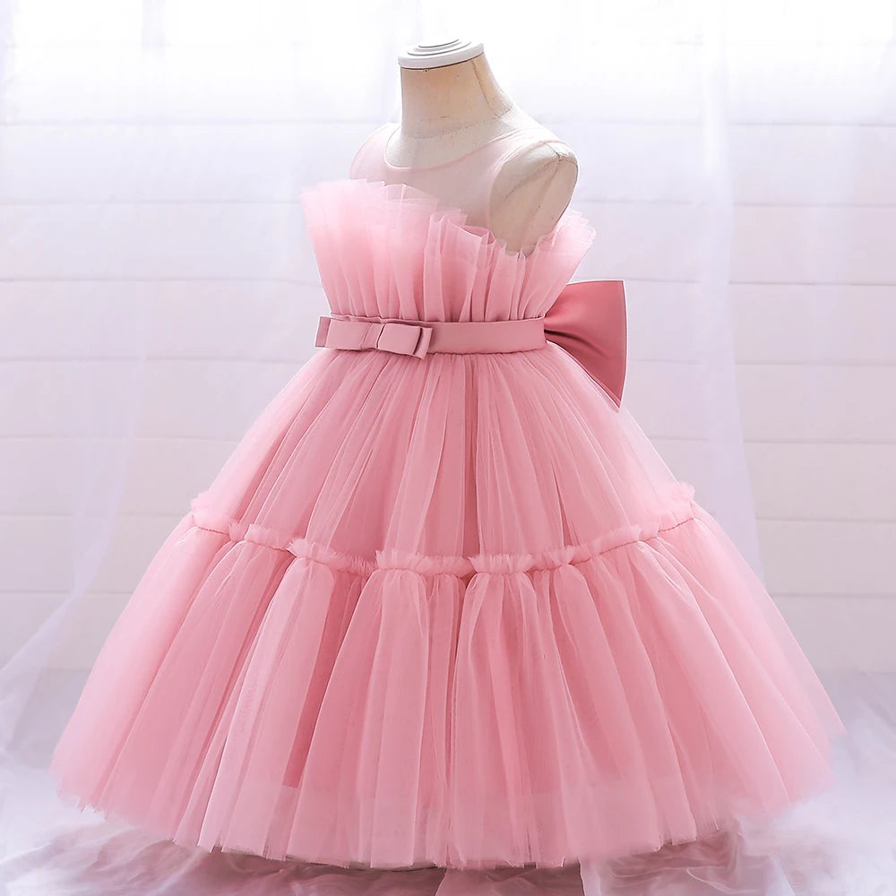 Bow Tulle Baby Baptism Dress For Girls Princess Costume Infant 1 Year Birthday Wedding Party Dresses Toddler Girl Summer Clothes