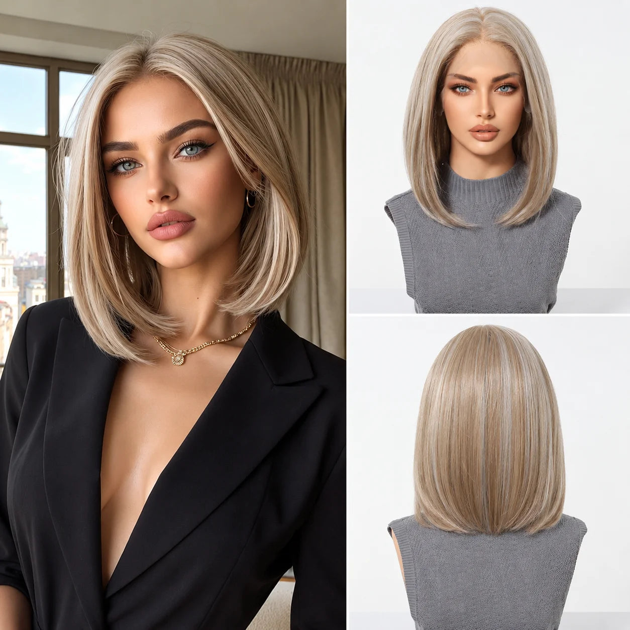 Topshe Short Bob 13x6 HD Lace Front Wig Ombre Blonde Straight Synthetic Wigs Glueless Pre-Plucked Heat Resistant Fiber Daily